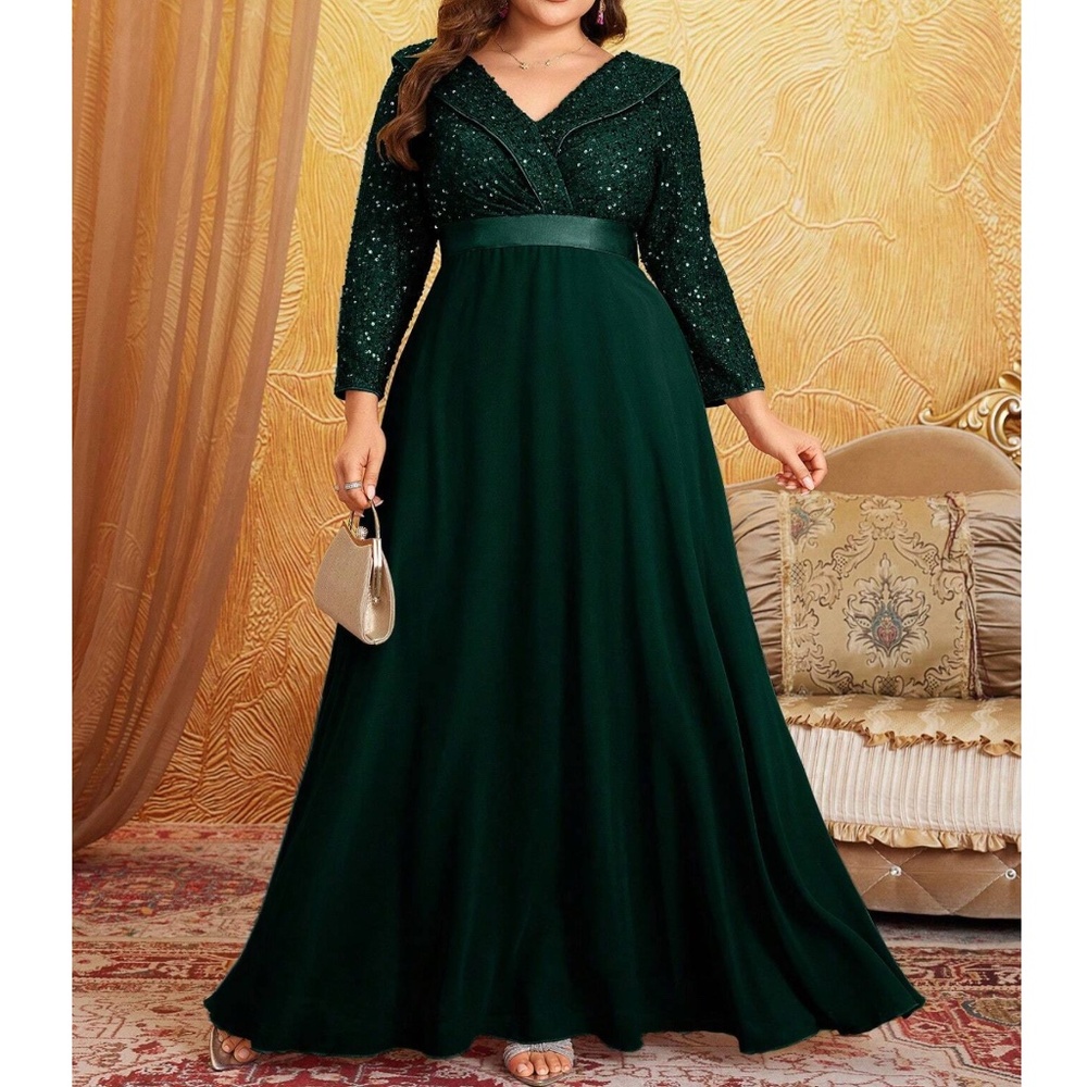 Plus Sequin V neck Party Evening Formal Wedding Flowy Dress